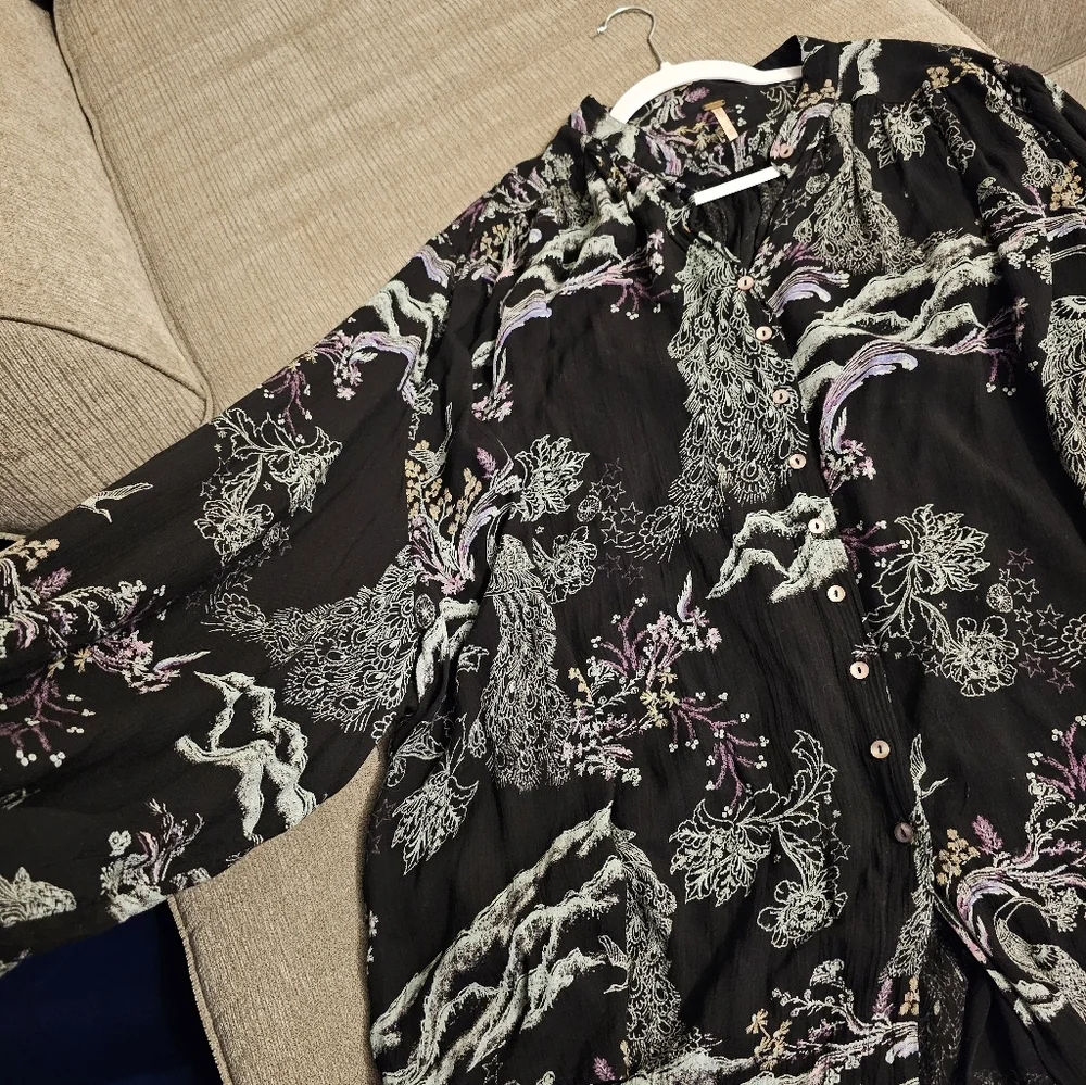 Free People Peacock Toile Floral Casual Button Boho Button Top Size XS - Picture 8 of 9